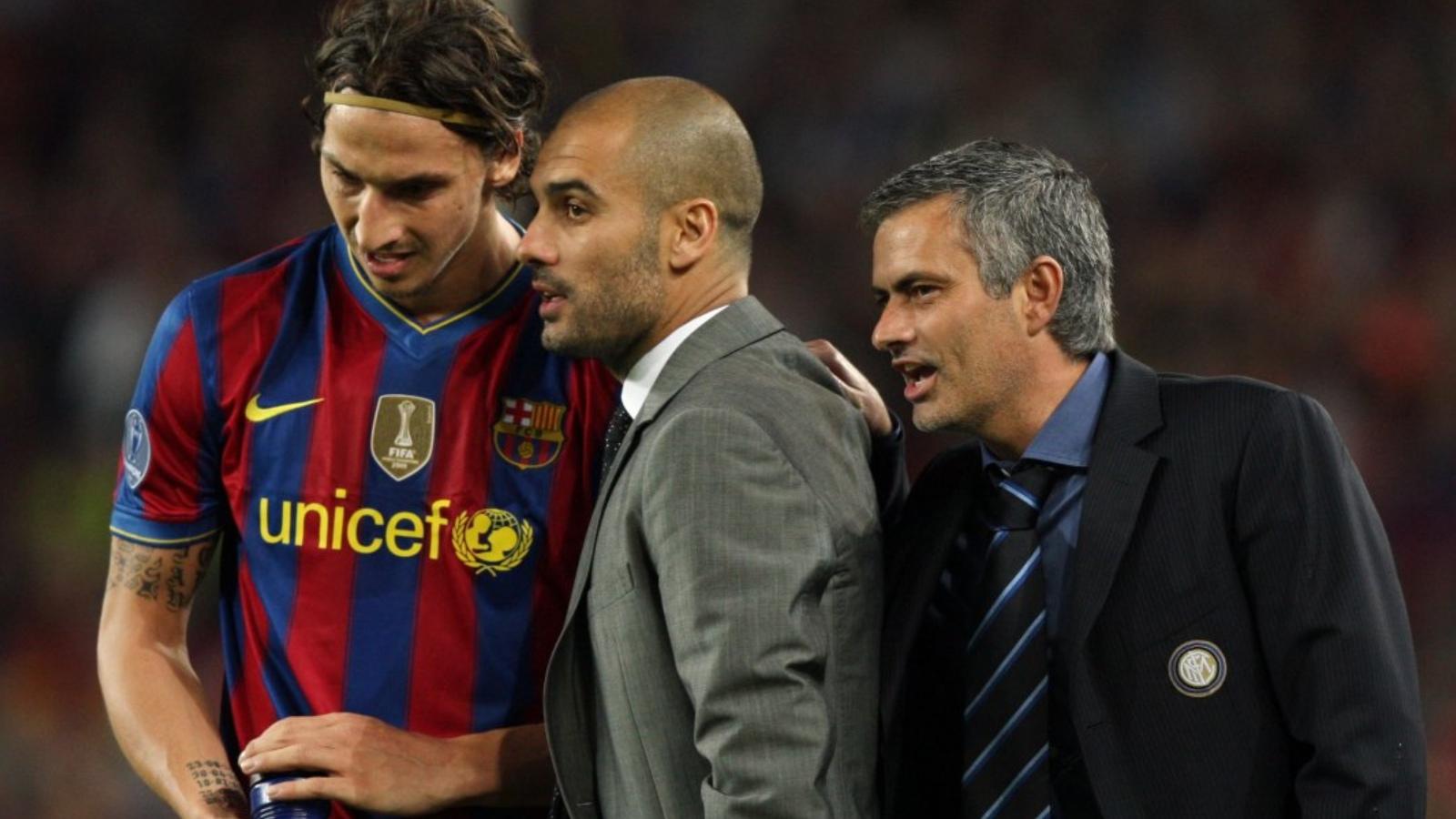 Inter Milan coach Jose Mourinho with Barcelona's Pep Guardiola and Zlatan Ibrahimovic. Camp Nou, Barcelona, 28 April 2010.