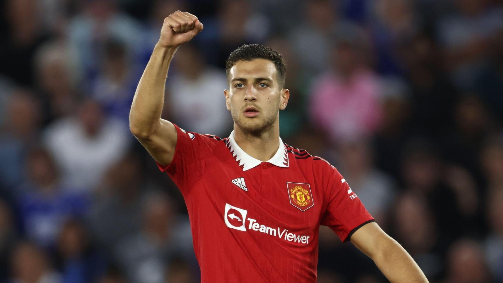 Manchester United defender Diogo Dalot gesticulates during their Premier League win over Leicester City at King Power Stadium, Leicester, September 2022.