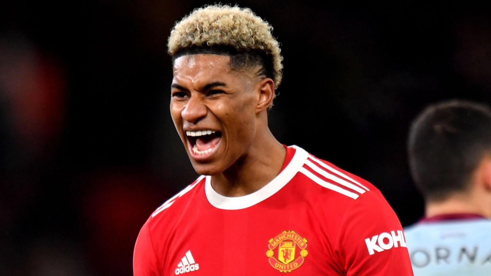 Marcus Rashford celebrates scoring during the Premier League match between Manchester United and West Ham United at Old Trafford, Manchester, January 2022.