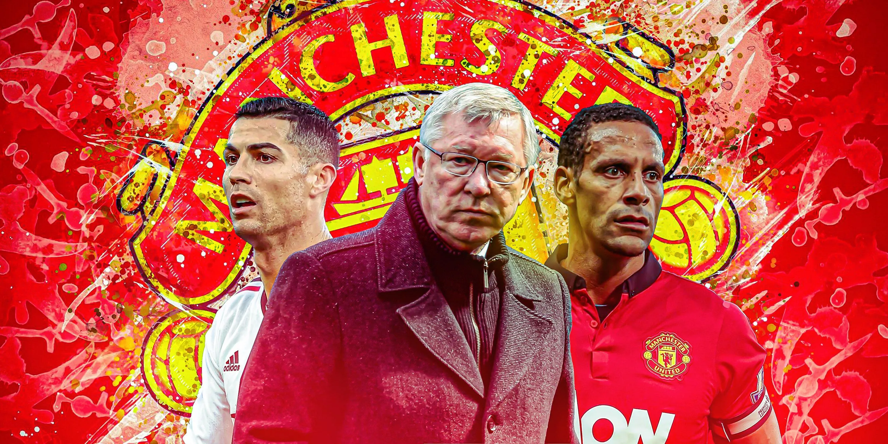 Hình ảnh các huyền thoại Man Utd như Cristiano Ronaldo, Sir Alex Ferguson và Rio Ferdinand, gợi nhớ thời kỳ đỉnh cao của câu lạc bộ