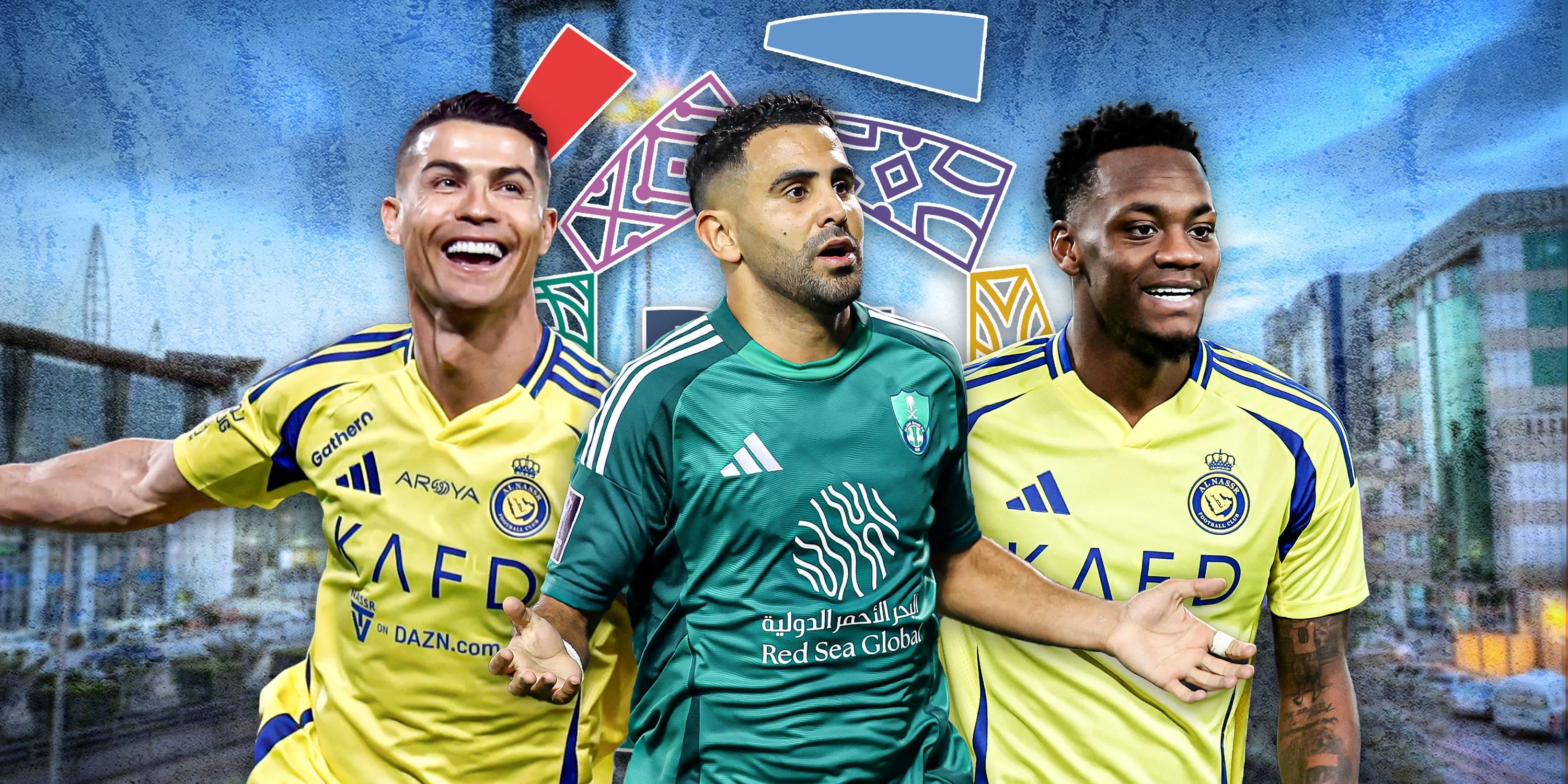 Hình ảnh các ngôi sao tại Saudi Pro League: Cristiano Ronaldo (Al Nassr), Jhon Duran (Al Nassr), Riyad Mahrez (Al Ahli) và logo giải đấu