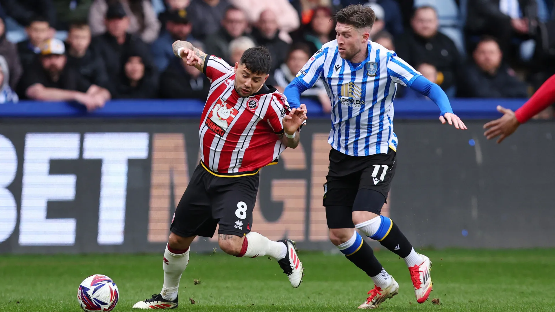 Josh Windass trong một pha tranh chấp quyết liệt với Gustavo Hamer thể hiện vai trò quan trọng