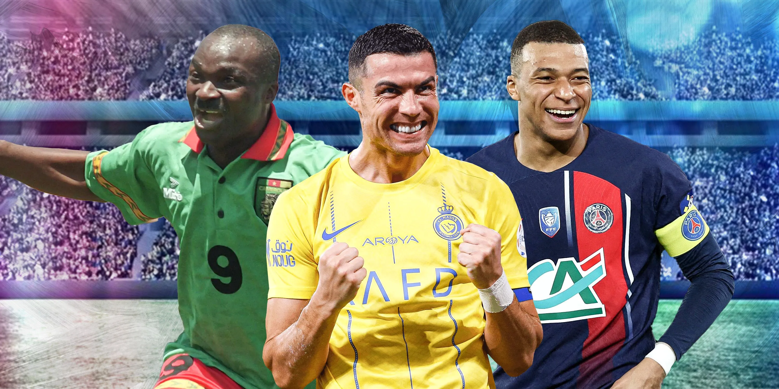 Những pha ăn mừng bàn thắng kinh điển trong lịch sử bóng đá thế giới, bao gồm Roger Milla, Cristiano Ronaldo và Kylian Mbappe.