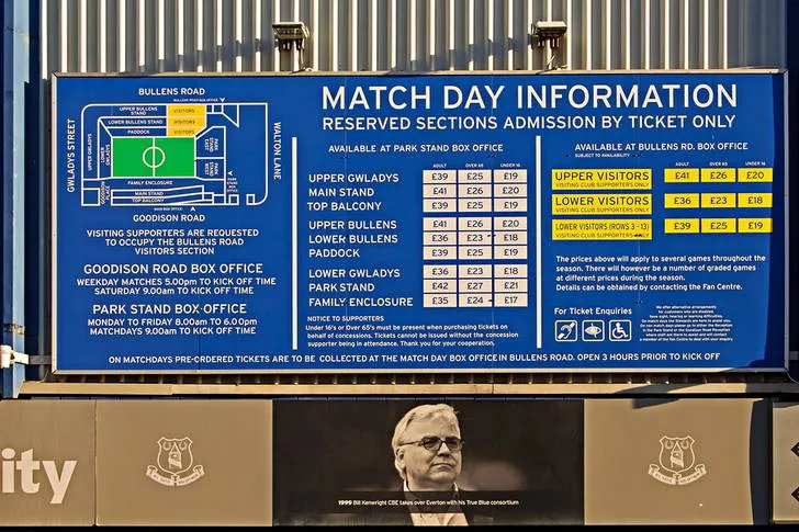 Bảng thông tin trận đấu ngày thường tại Goodison Park.