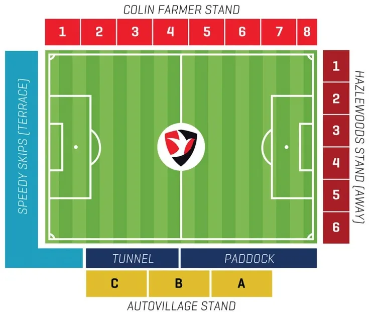 Sơ đồ bố trí các khán đài và khu vực chỗ ngồi tại sân vận động Whaddon Road của Cheltenham Town FC