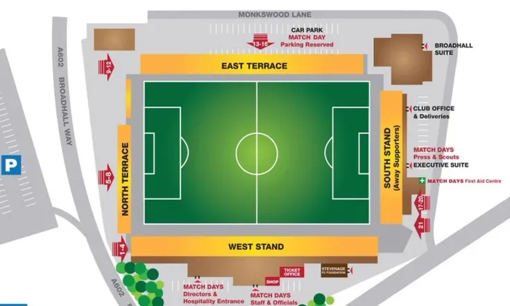 Sơ đồ bố trí chỗ ngồi các khán đài tại sân Lamex Stadium, sân nhà Stevenage FC