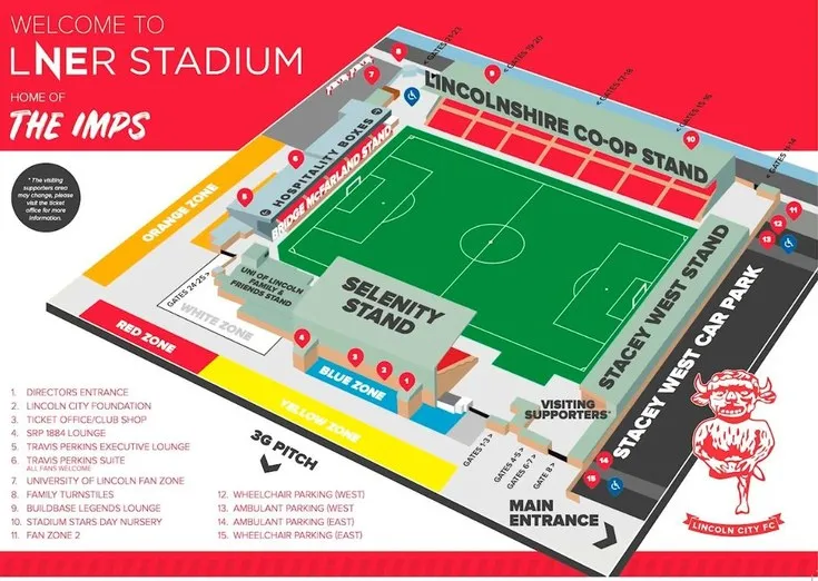 Sơ đồ bố trí chỗ ngồi sân Sincil Bank, hướng dẫn các khán đài và khu vực khác nhau.