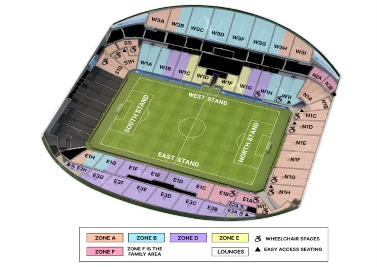 Sơ đồ bố trí chỗ ngồi tại Falmer Stadium (Amex), sân nhà Brighton