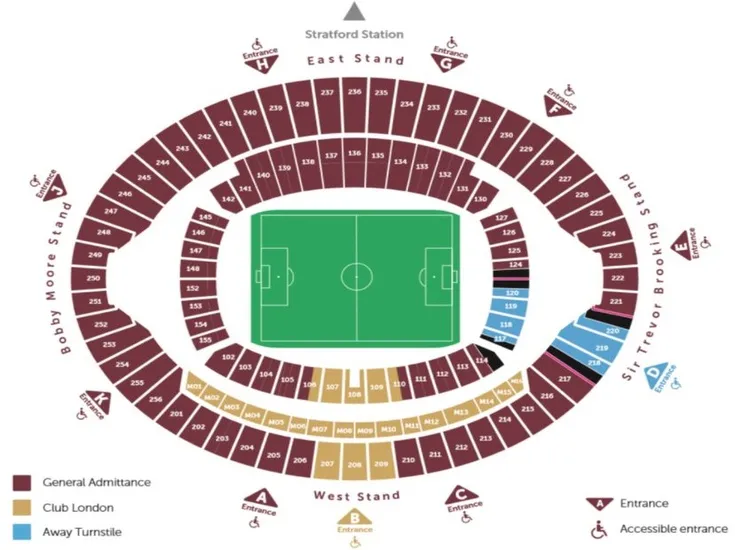 Sơ đồ bố trí chỗ ngồi tại London Stadium cho các trận đấu của West Ham United