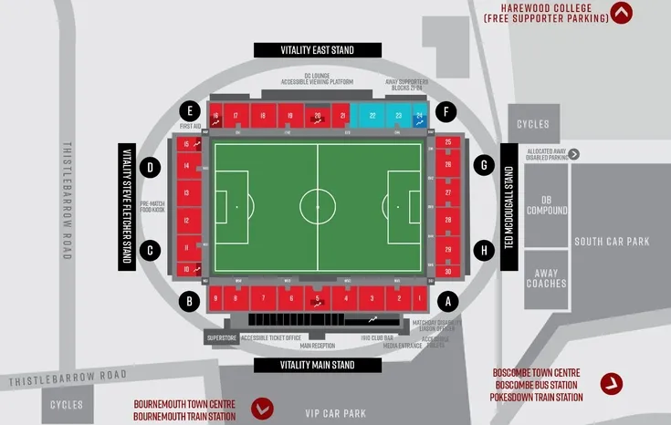 Sơ đồ bố trí chỗ ngồi tại Vitality Stadium, sân nhà của AFC Bournemouth