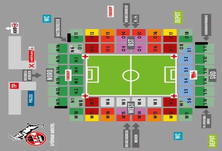 Sơ đồ chi tiết các khán đài tại sân RheinEnergieStadion