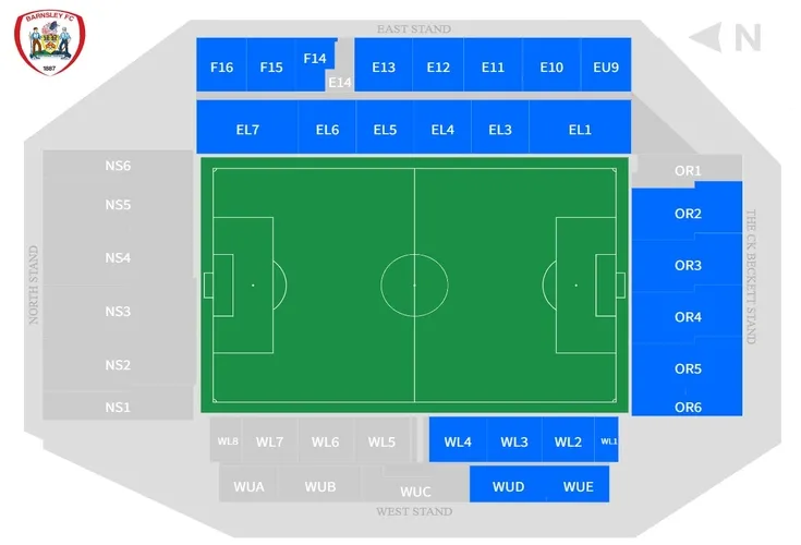 Sơ đồ chi tiết các khu vực chỗ ngồi tại sân vận động Oakwell