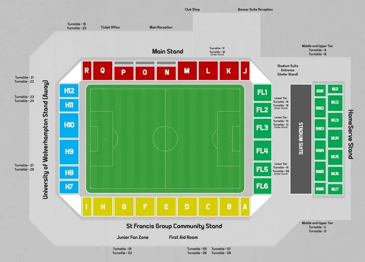 Sơ đồ chỗ ngồi chi tiết của Bescot Stadium, giúp định vị các khán đài