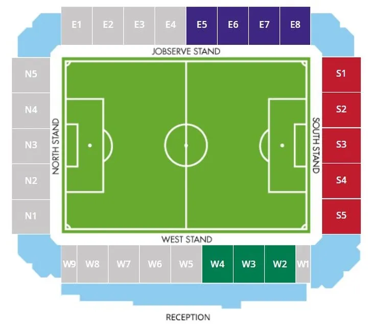 Sơ đồ chỗ ngồi chi tiết sân JobServe Community Stadium, sân nhà của Colchester United.