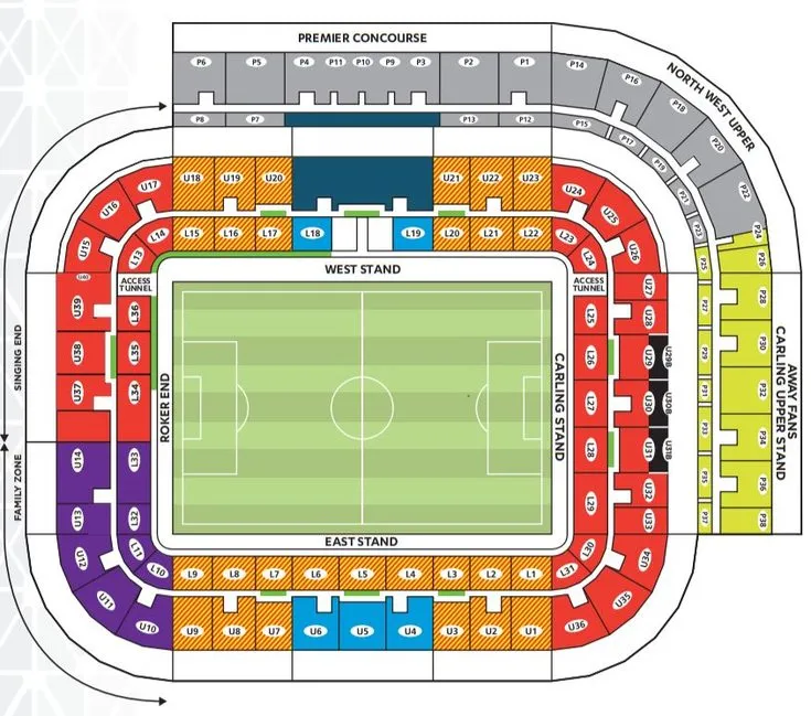 Sơ đồ chỗ ngồi chi tiết Sân vận động Ánh Sáng của Sunderland AFC