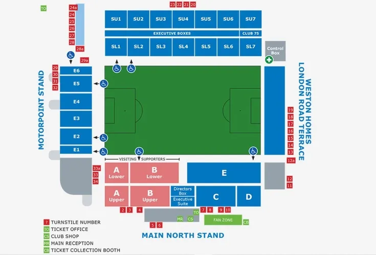 Sơ đồ chỗ ngồi chi tiết sân Weston Homes Stadium, hướng dẫn vị trí các khán đài.