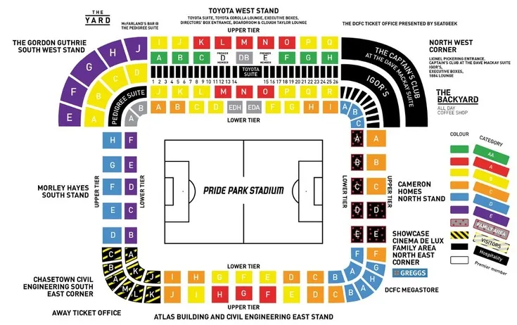 Sơ đồ chỗ ngồi chi tiết tại sân Pride Park của Derby County, hướng dẫn vị trí khán đài.