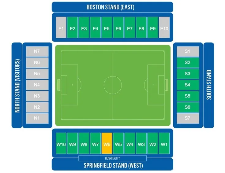 Sơ đồ chỗ ngồi chi tiết tại sân vận động Brick Community Stadium, bao gồm các khán đài chính.