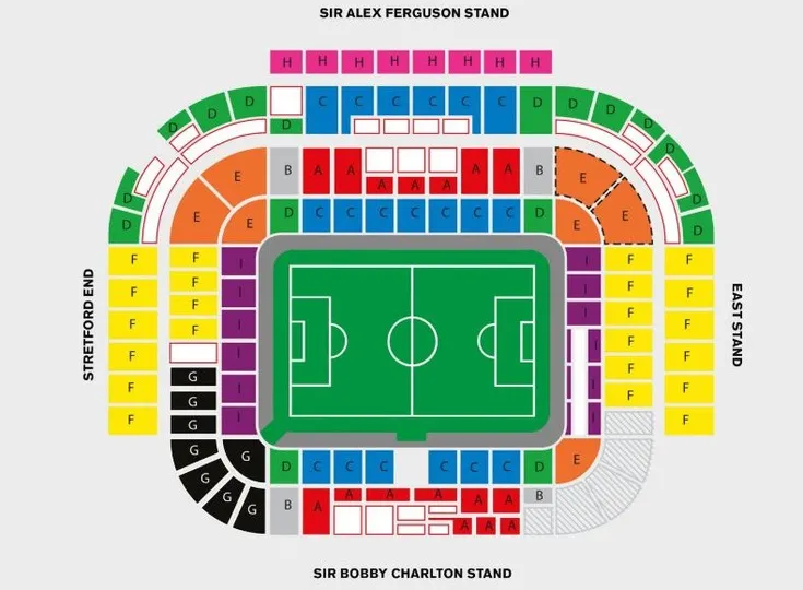 Sơ đồ chỗ ngồi chi tiết tại sân vận động Old Trafford, Manchester