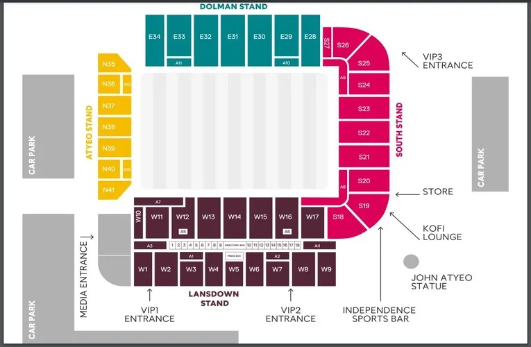 Sơ đồ chỗ ngồi sân Ashton Gate 2024, phân bổ các khán đài và khu vực