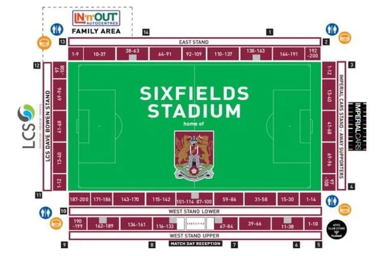 Sơ đồ chỗ ngồi sân Sixfields, chỉ dẫn các khán đài chính