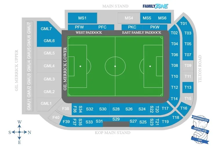 Sơ đồ chỗ ngồi sân St. Andrew's của Birmingham City FC, chi tiết các khán đài chính