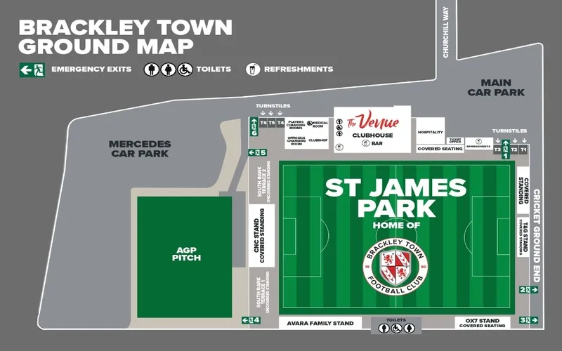 Sơ đồ chỗ ngồi sân vận động St James Park Brackley, chi tiết các khu vực khán đài và vị trí.