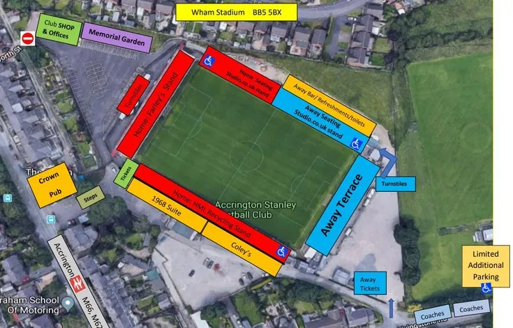 Sơ đồ chỗ ngồi sân vận động Wham Stadium của Accrington Stanley, minh họa các khu vực khán đài.