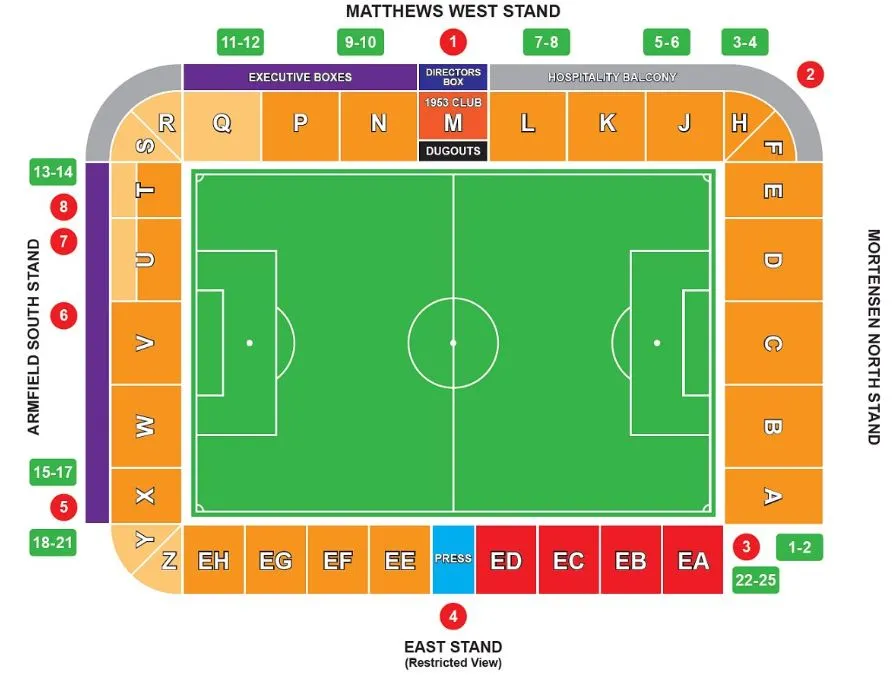 Sơ đồ tổng thể sân vận động Bloomfield Road với các khán đài chính