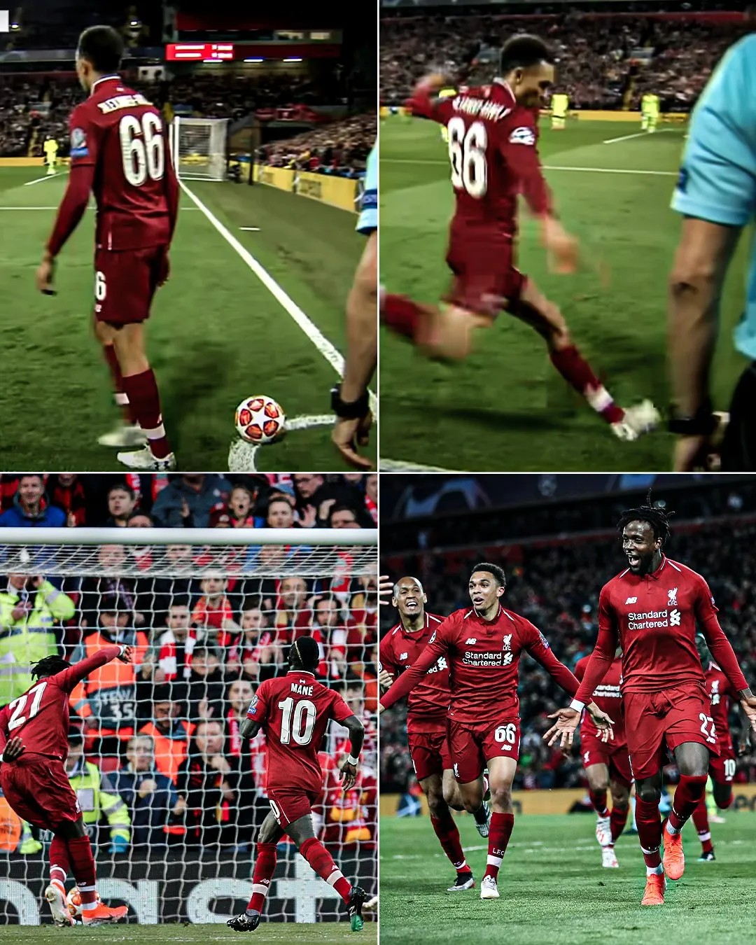 Pha đá phạt góc nhanh của Trent Alexander-Arnold dẫn tới bàn thắng của Origi ở bán kết Champions League 2019